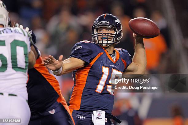 Tim Tebow of the Denver Broncos throws a pass against the New York Jets at Invesco Field at Mile High on November 17, 2011 in Denver, Colorado.