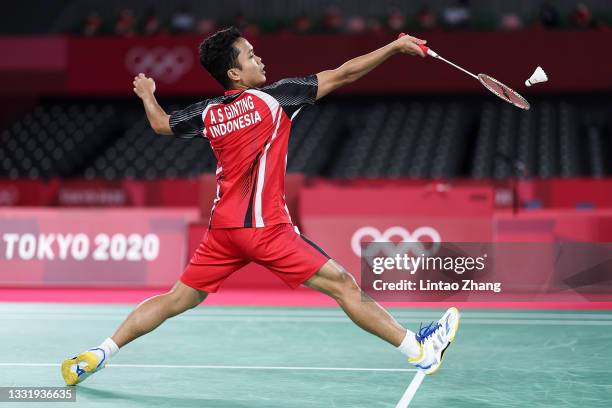 Anthony Sinisuka Ginting of Team Indonesia competes against Kevin Cordon of Team Guatemala during the Men’s Singles Bronze Medal match on day ten of...