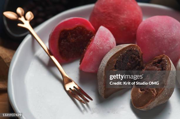 homemade daifuku on the white plate - red bean dessert stock pictures, royalty-free photos & images