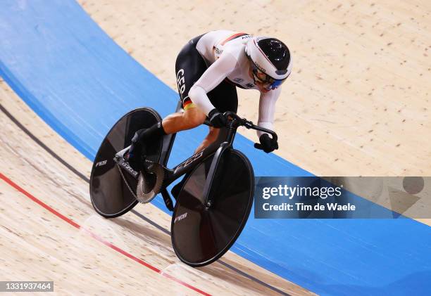 Emma Hinze of Team Germany competes during the Women's team sprint finals of the Track Cycling on day 10 of the Tokyo Olympics 2021 games at Izu...