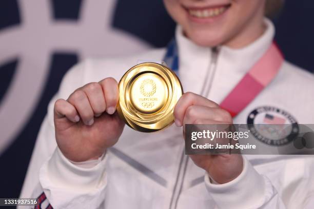 Jade Carey of Team United States poses with her gold medal during the Women's Floor Exercise Final on day ten of the Tokyo 2020 Olympic Games at...