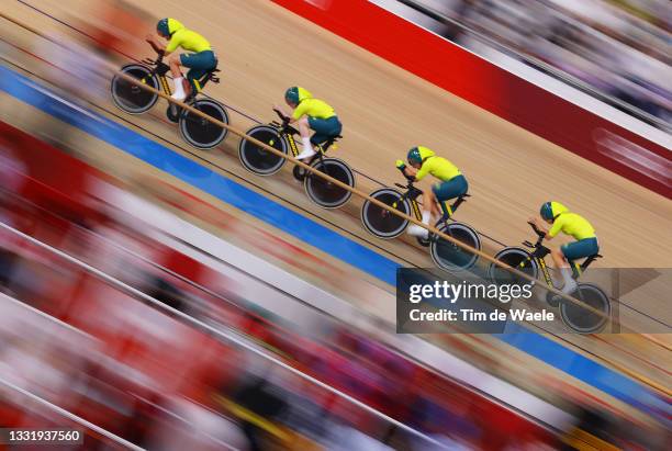 Ashlee Ankudinoff, Alexandra Manly, Annette Edmondson and Georgia Baker of Team Australia sprint during the Women's team pursuit qualifying of the...