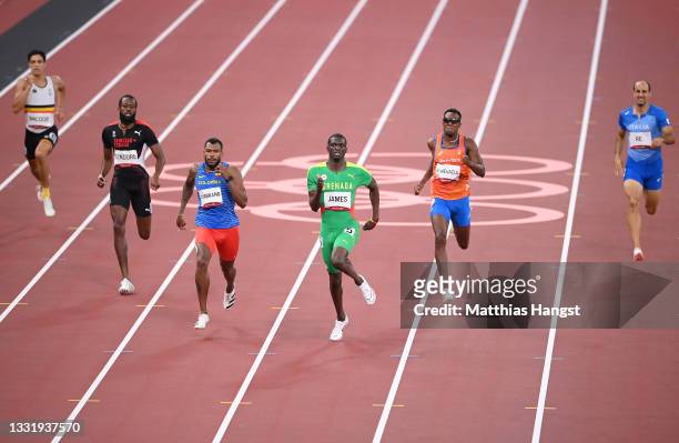 Kirani James of Team Grenada races to the finish line ahead of Anthony Jose Zambrano of Team Colombia, Liemarvin Bonevacia of Team Netherlands, Deon...