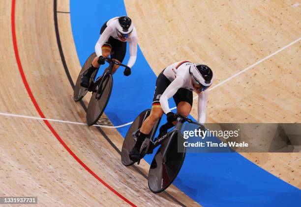 Emma Hinze and Lea Sophie Friedrich of Team Germany during the Women's team sprint finals of the Track Cycling on day 10 of the Tokyo Olympics 2021...