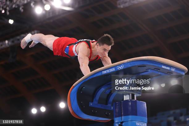 Nikita Nagornyy of Team ROC competes during the Men's Vault Final on day ten of the Tokyo 2020 Olympic Games at Ariake Gymnastics Centre on August...