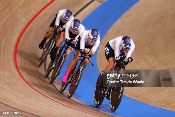 Chloe Dygert of Team United States and teammates sprint during the Women's team pursuit qualifying of the Track Cycling on day 10 of the Tokyo...