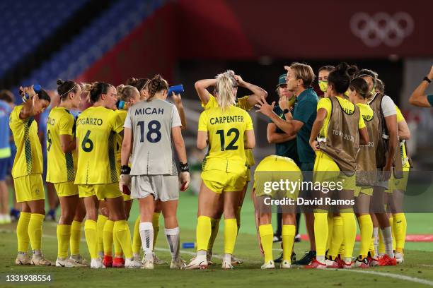 Tony Gustavsson, Head Coach of Australia speaks with his players during the Women's Semi-Final match between Australia and Sweden on day ten of the...