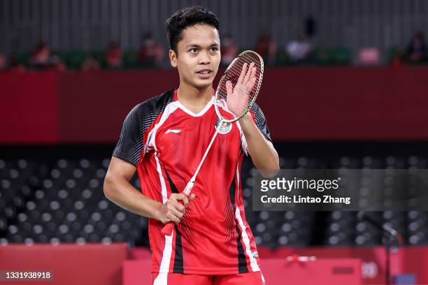 Anthony Sinisuka Ginting of Team Indonesia celebrates as he wins against Kevin Cordon of Team Guatemala during the Men’s Singles Bronze Medal match...