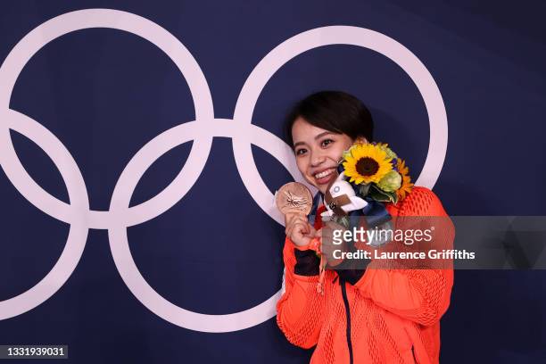 Mai Murakami of Team Japan poses with her bronze medal during the Women's Floor Exercise Final on day ten of the Tokyo 2020 Olympic Games at Ariake...