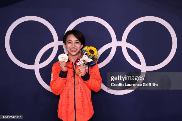 Mai Murakami of Team Japan poses with her bronze medal during the Women's Floor Exercise Final on day ten of the Tokyo 2020 Olympic Games at Ariake...