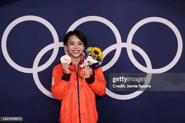 Mai Murakami of Team Japan poses with her bronze medal during the Women's Floor Exercise Final on day ten of the Tokyo 2020 Olympic Games at Ariake...