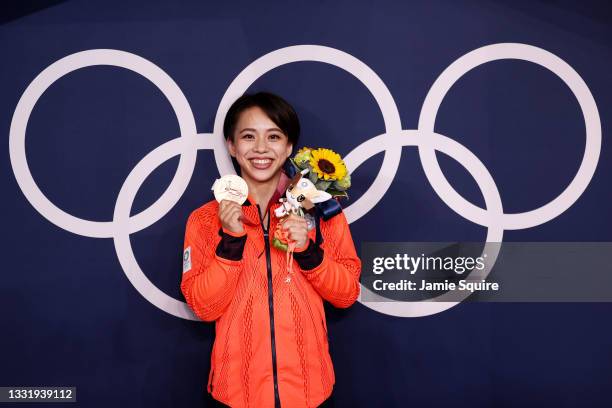 Mai Murakami of Team Japan poses with her bronze medal during the Women's Floor Exercise Final on day ten of the Tokyo 2020 Olympic Games at Ariake...