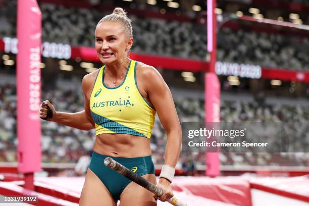 Elizaveta Parnova of Team Australia reacts after competing in the Women's Pole Vault qualification on day ten of the Tokyo 2020 Olympic Games at...