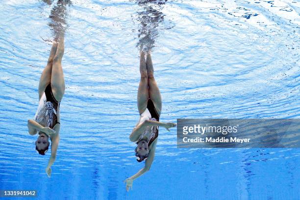 Nuria Diosdado and Joana Jimenez of Team Mexico compete in the Artistic Swimming Duet Free Routine Preliminary on day ten of the Tokyo 2020 Olympic...