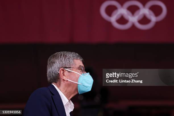 International Olympic Committee President Thomas Bach watches during the badminton Men’s Singles Gold Medal match on day ten of the Tokyo 2020...
