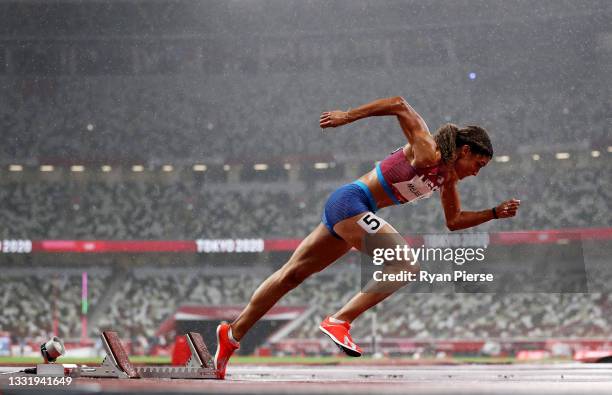 Sydney McLaughlin of Team United States competes in the Women's 400 metres hurdles semi finals on day ten of the Tokyo 2020 Olympic Games at Olympic...