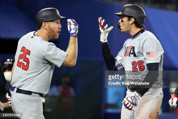 Triston Casas of Team United States celebrates with Todd Frazier after hitting a three-run home run in the fifth inning against Team Japan during the...