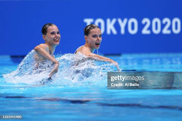 Alexandra Nemich and Yekaterina Nemich of Team Kazakhstan compete in the Artistic Swimming Duet Free Routine Preliminary on day ten of the Tokyo 2020...