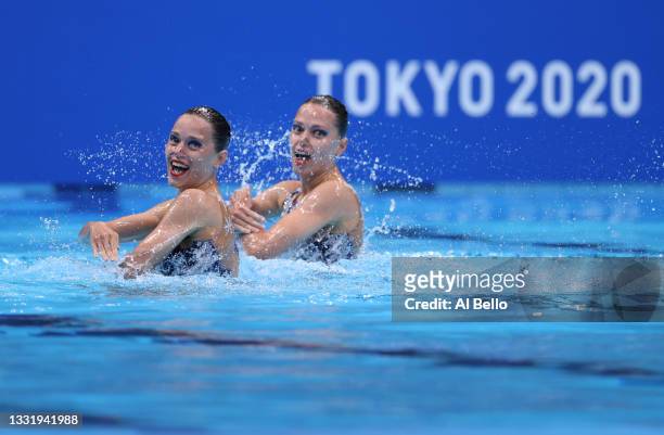 Alexandra Nemich and Yekaterina Nemich of Team Kazakhstan compete in the Artistic Swimming Duet Free Routine Preliminary on day ten of the Tokyo 2020...