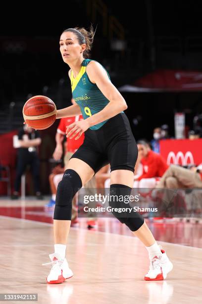 Bec Allen of Team Australia brings the ball up court against Team Puerto Rico during the first half of a Women's Basketball Preliminary Round Group C...