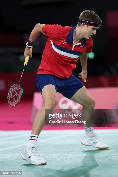 Viktor Axelsen of Team Denmark competes against Chen Long of Team China during the Men’s Singles Gold Medal match on day ten of the Tokyo 2020...