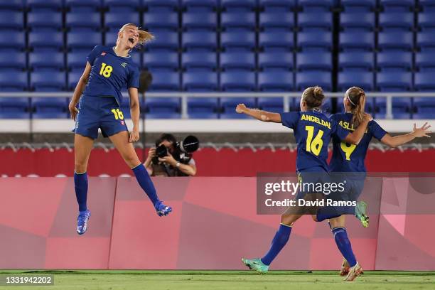 Fridolina Rolfo of Team Sweden celebrates after scoring their side's first goal during the Women's Semi-Final match between Australia and Sweden on...