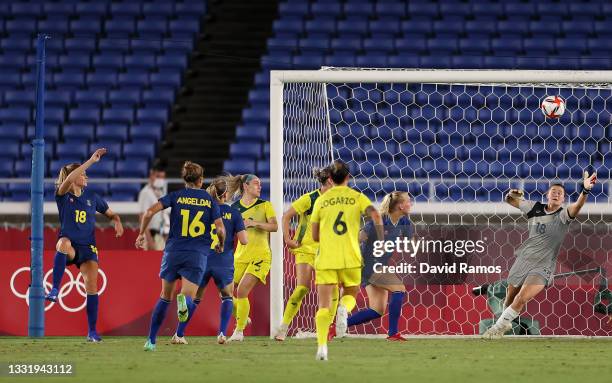 Fridolina Rolfo of Team Sweden scores their side's first goal past Teagan Micah of Team Australia during the Women's Semi-Final match between...