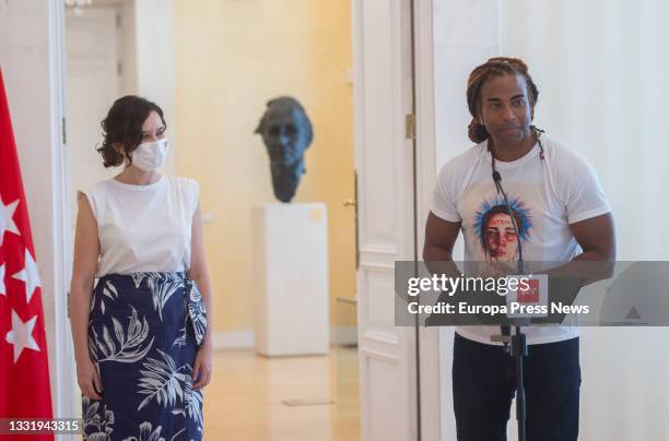 Cuban artist Yotuel Romero gives a press conference after his meeting with the president of the Community of Madrid, Isabel Diaz Ayuso, at the Real...