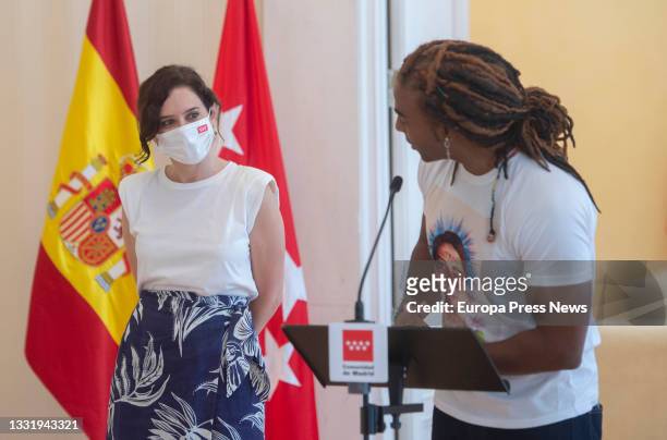 Cuban artist Yotuel Romero gives a press conference after his meeting with the president of the Community of Madrid, Isabel Diaz Ayuso, at the Real...