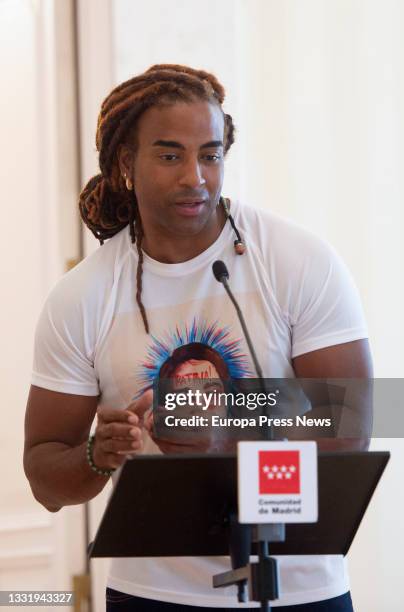 Cuban artist Yotuel Romero gives a press conference after his meeting with the president of the Community of Madrid, Isabel Diaz Ayuso, at the Real...