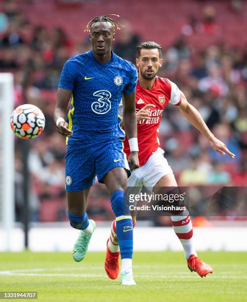Pablo Marí of Arsenal and Tammy Abraham of Chelsea during the Pre Season Friendly between Arsenal and Chelsea at Emirates Stadium on August 1, 2021...