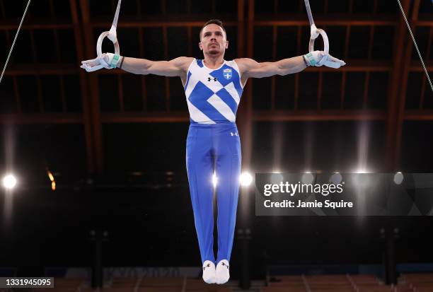 Eleftherios Petrounias of Team Greece competes during the Men's Rings Final on day ten of the Tokyo 2020 Olympic Games at Ariake Gymnastics Centre on...