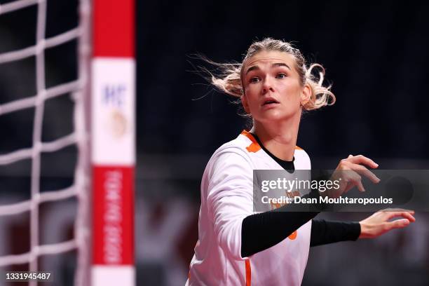 Tess Wester of Team Netherlands looks on as she concedes a goal during the Women's Preliminary Round Group A handball match between Netherlands and...