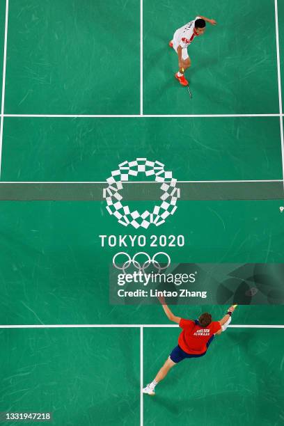 Chen Long of Team China competes against Viktor Axelsen of Team Denmark during the Men’s Singles Gold Medal match on day ten of the Tokyo 2020...