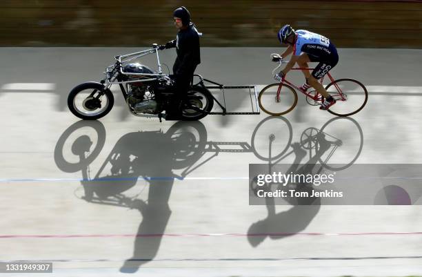 Cyclist being paced in the 40 lap motor-paced race during the Good Friday International Cycle race meeting at Herne Hill velodrome on April 13th 2001...