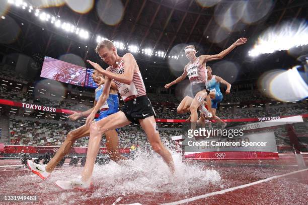 John Gay and Matthew Hughes of Team Canada compete in the Men's 3000 metres Steeplechase Final on day ten of the Tokyo 2020 Olympic Games at Olympic...