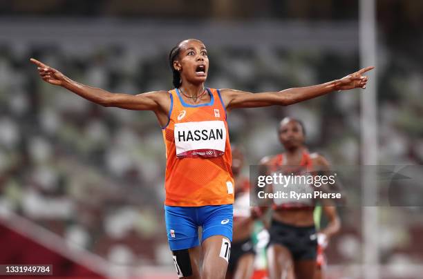 Sifan Hassan of Team Netherlands reacts as she wins the gold medal in the Women's 5000 metres Final on day ten of the Tokyo 2020 Olympic Games at...