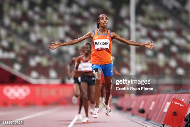 Sifan Hassan of Team Netherlands reacts as she wins the gold medal in the Women's 5000 metres Final on day ten of the Tokyo 2020 Olympic Games at...