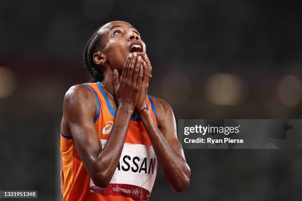 Sifan Hassan of Team Netherlands reacts as she wins the gold medal in the Women's 5000 metres Final on day ten of the Tokyo 2020 Olympic Games at...