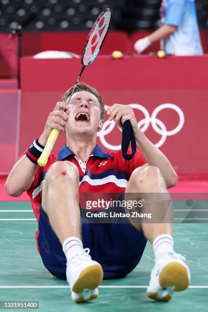 Viktor Axelsen of Team Denmark show his emotion as he wins against Chen Long of Team China during the Men’s Singles Gold Medal match on day ten of...
