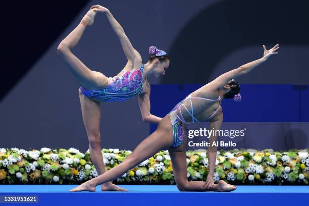 Emily Rogers and Amie Thompson of Team Australia compete in the Artistic Swimming Duet Free Routine Preliminary on day ten of the Tokyo 2020 Olympic...