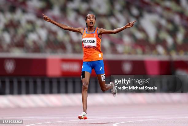 Sifan Hassan of Team Netherlands reacts as she wins the gold medal in the Women's 5000 metres Final on day ten of the Tokyo 2020 Olympic Games at...