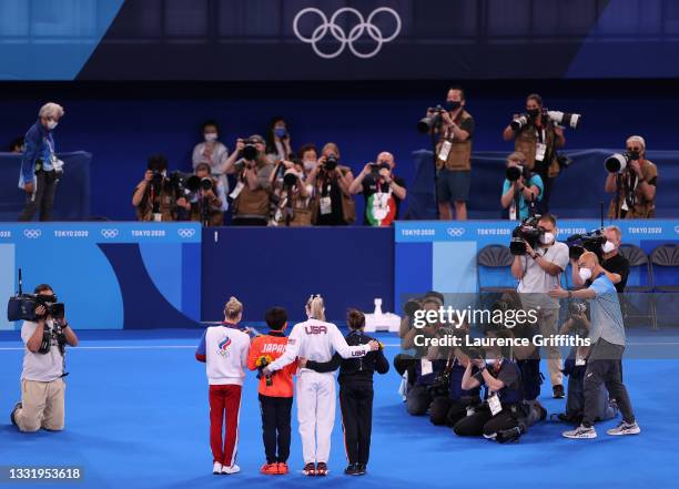 L-r Bronze Medalists Angelina Melnikova of Team ROC, Mai Murakami of Team Japan, Gold Medalist Jade Carey of Yeam USA and Silver Medalist, Vanessa...