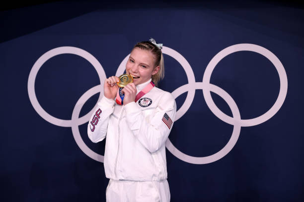 Gold Medalist Jade Carey of Team USA poses with her medal after winning the Women's Floor Final on day ten of the Tokyo 2020 Olympic Games at Ariake...