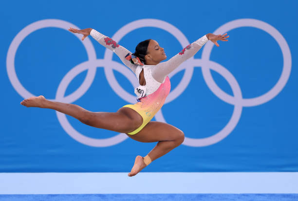 Rebeca Andrade of Team Brazil in action during the Women's Floor Final on day ten of the Tokyo 2020 Olympic Games at Ariake Gymnastics Centre on...