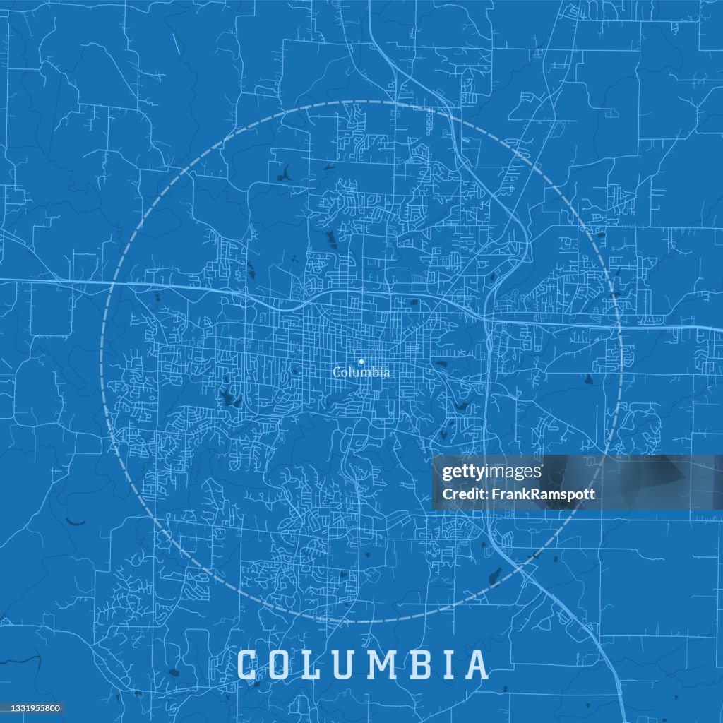 Columbia MO City Vector Road Map Blue Text