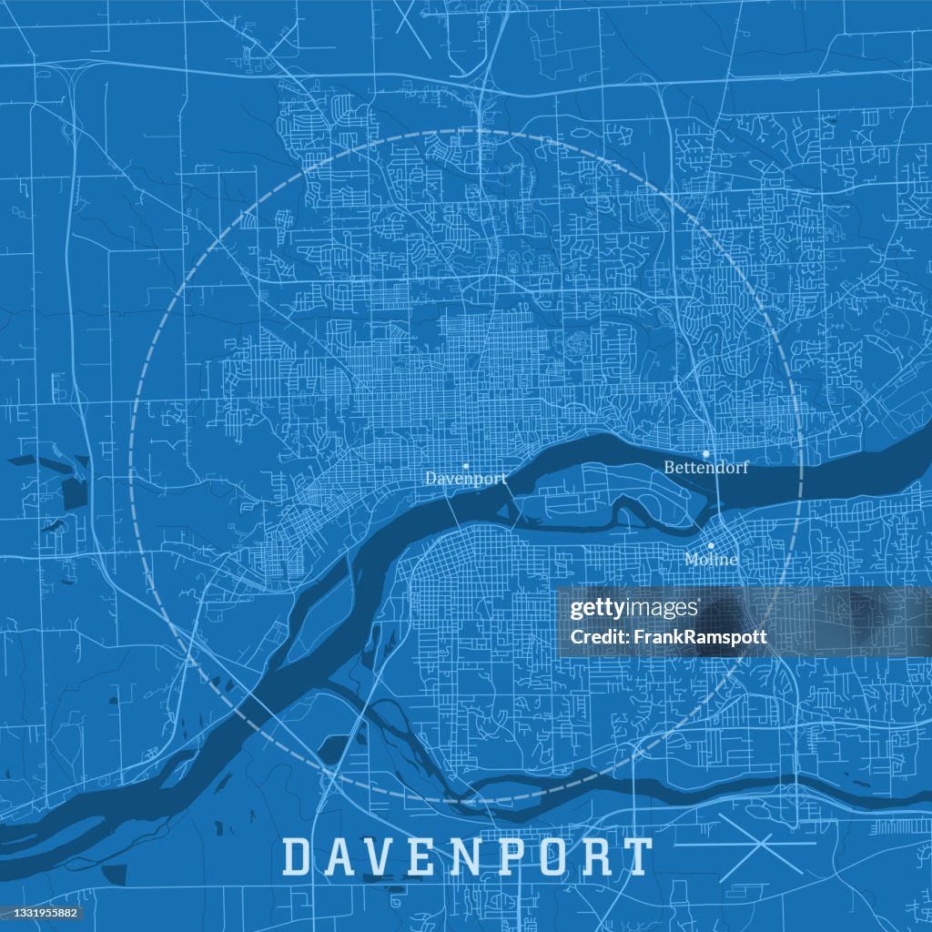 Davenport IA City Vector Road Map Blue Text