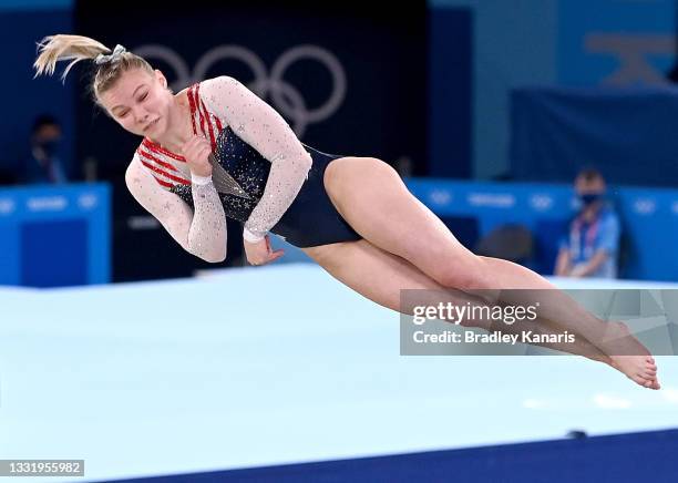 Jade Carey of the USA competes at the Women's Floor Exercise Final at the Gymnastics on day ten of the Tokyo 2020 Olympic Games at Ariake Gymnastics...