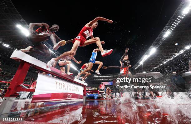 Soufiane El Bakkali of Team Morocco competes during the Men's 3000 metres Steeplechase Final on day ten of the Tokyo 2020 Olympic Games at Olympic...