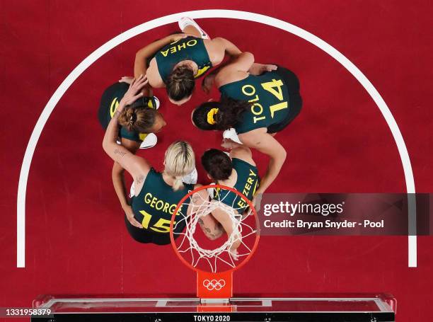 Team Australia huddles up during the 2nd half of their Women's Basketball Preliminary Round Group C game against Puerto Rico on day ten of the Tokyo...